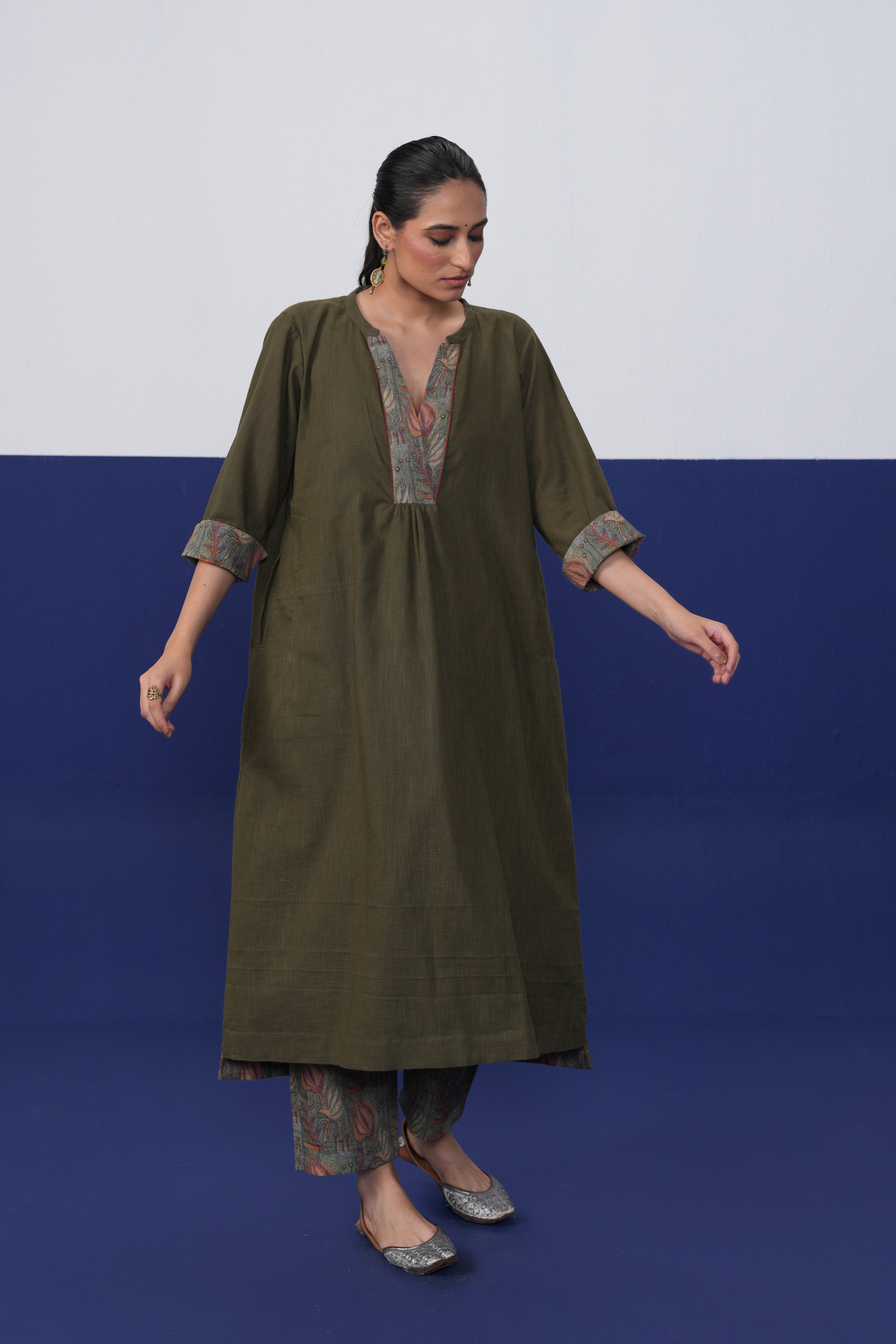 Adni Cotton Slub Kurta Olive Green