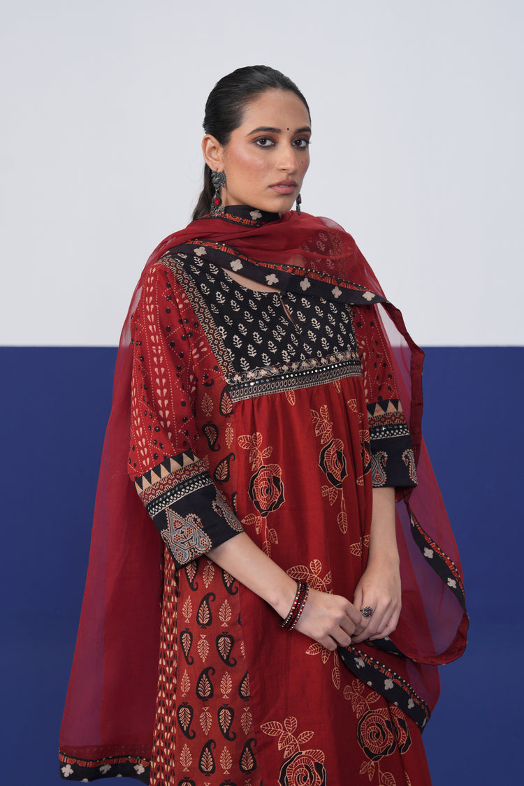 Banjara Cotton Ajrakh Printed Kurta Maroon