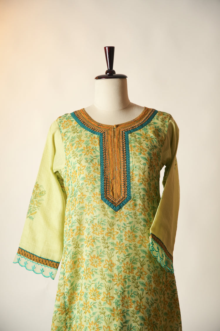 Rozana Hand Block Printed Kota Cotton Kurta Light Green