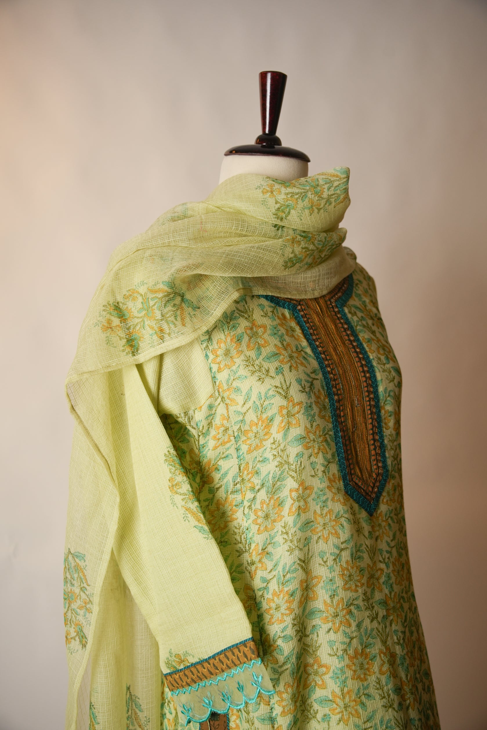 Rozana Hand Block Printed Kota Cotton Kurta Light Green