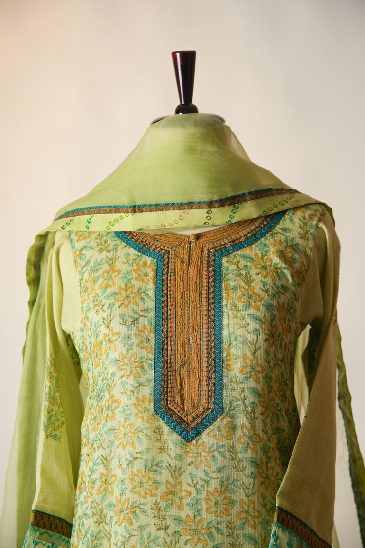 Rozana Hand Block Printed Kota Cotton Kurta Light Green