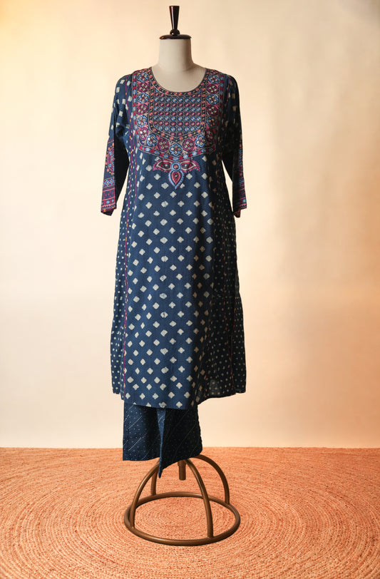Tulsi Embroidered Ajrakh Kurta Indigo