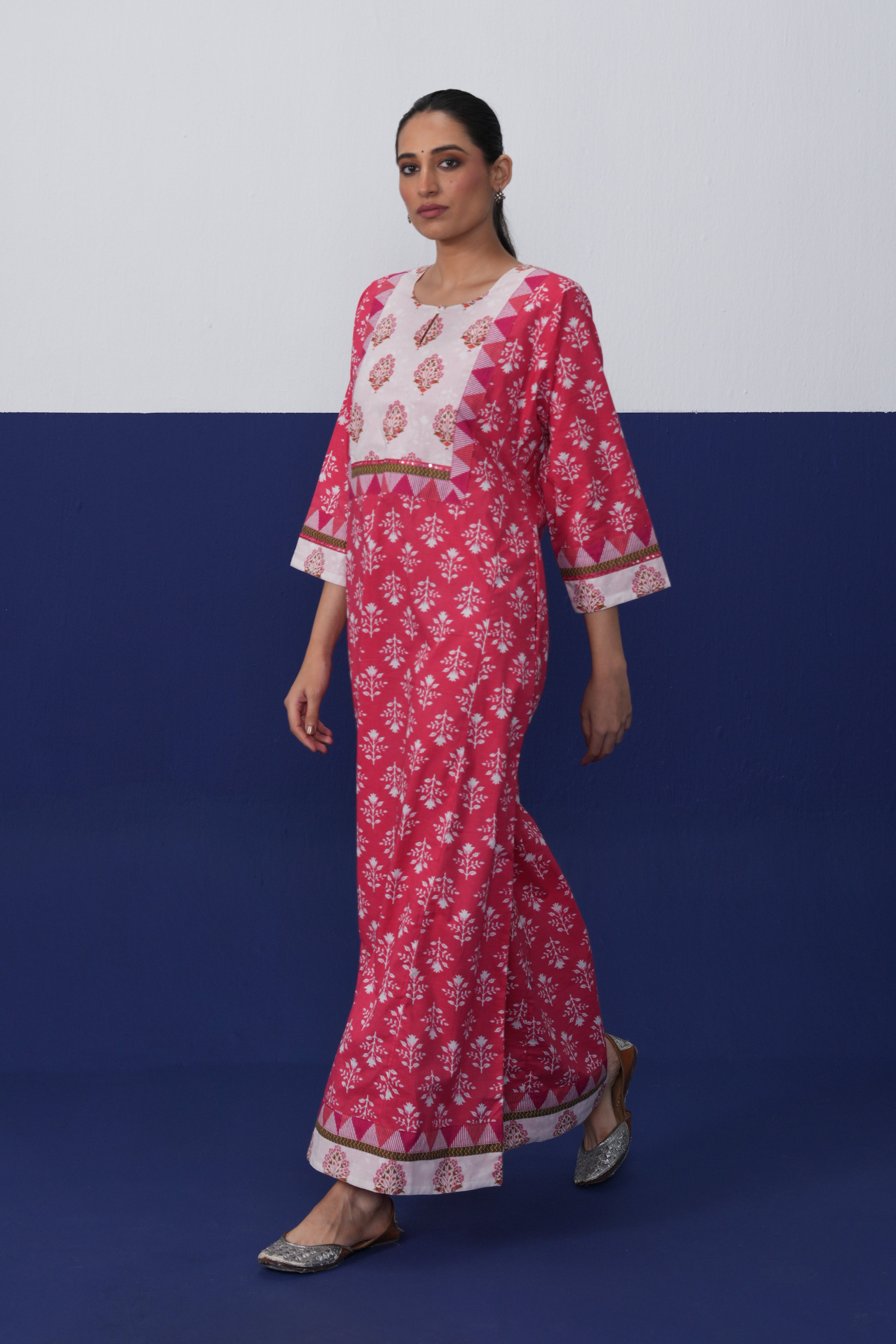 Rozana Cotton Printed Caftan Hot Pink