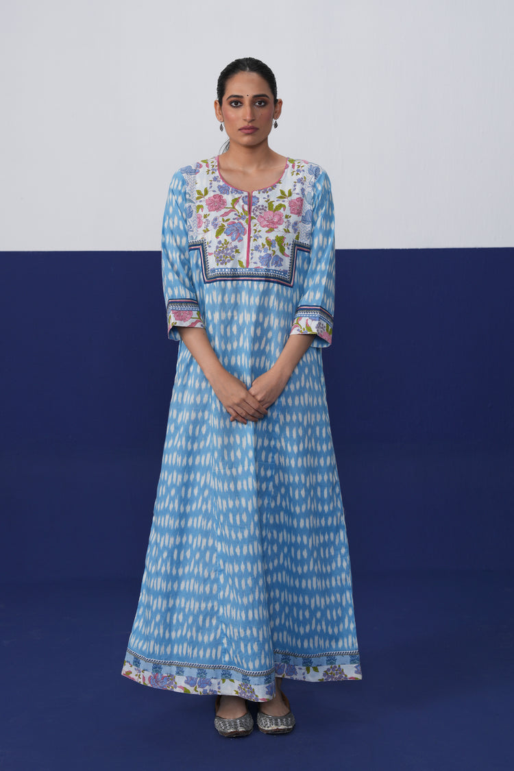 Rozana Cotton Printed Caftan Powder Blue