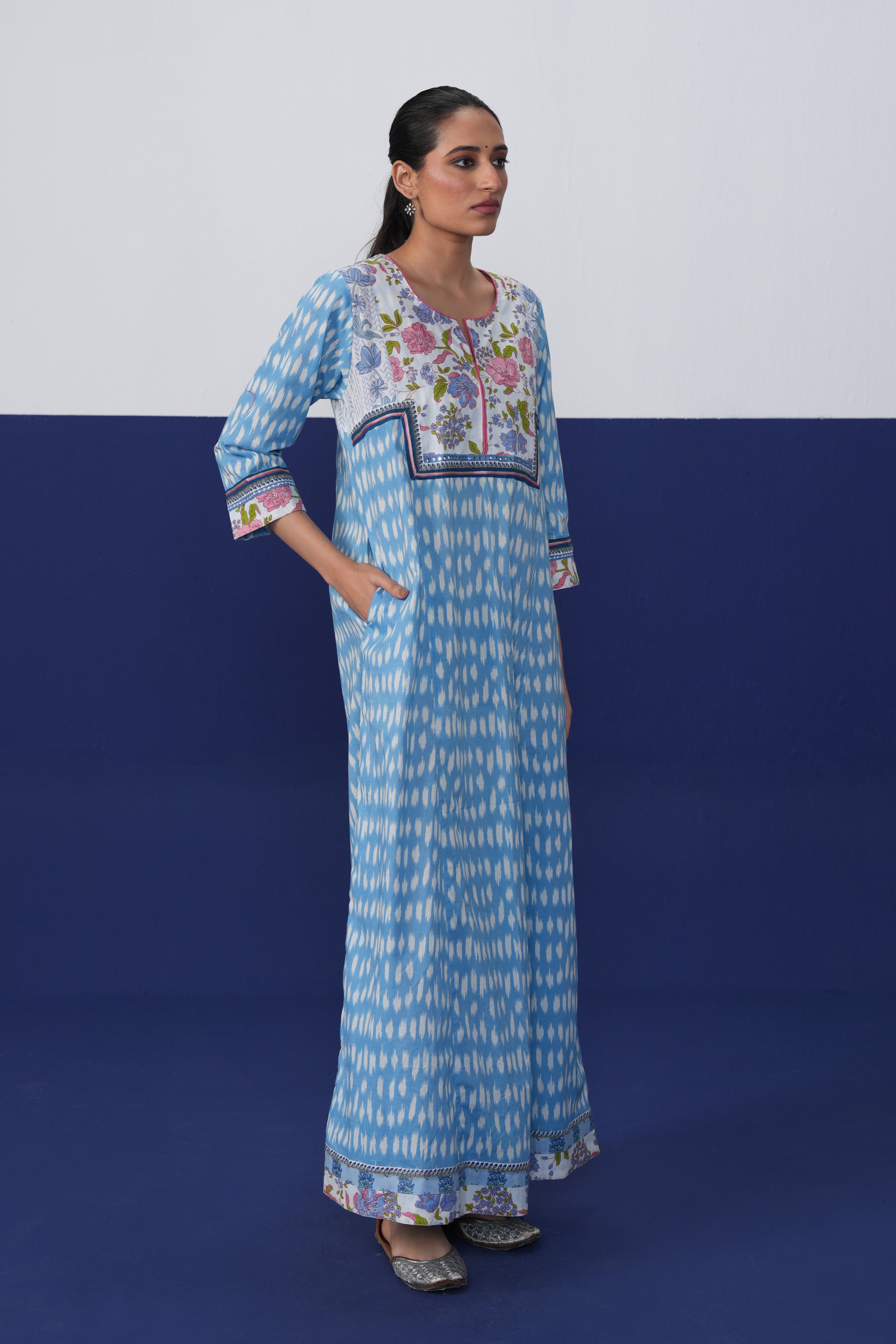 Rozana Cotton Printed Caftan Powder Blue