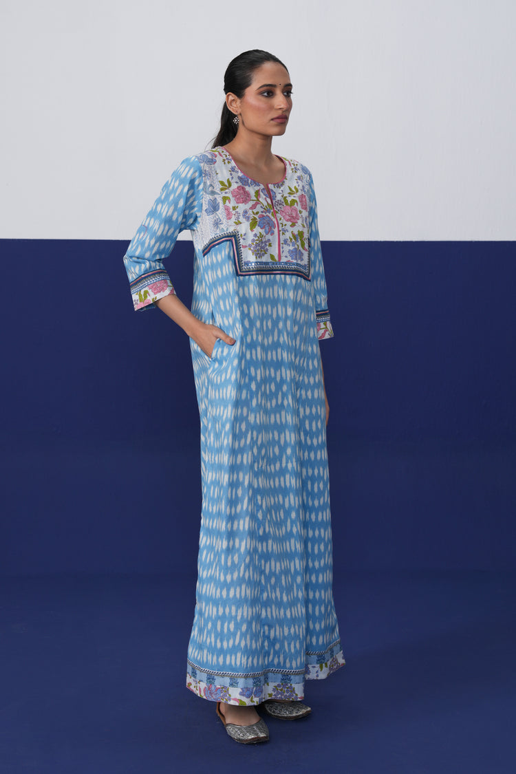 Rozana Cotton Printed Caftan Powder Blue