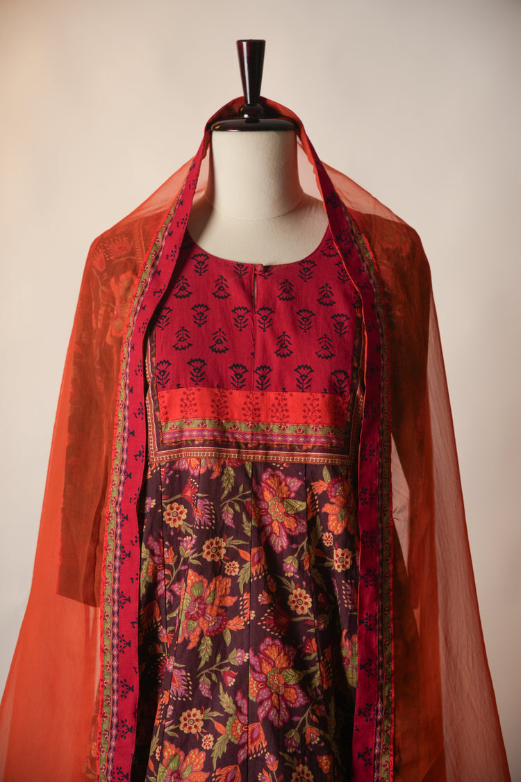 Crinkled Anarkali Printed kurta Wine