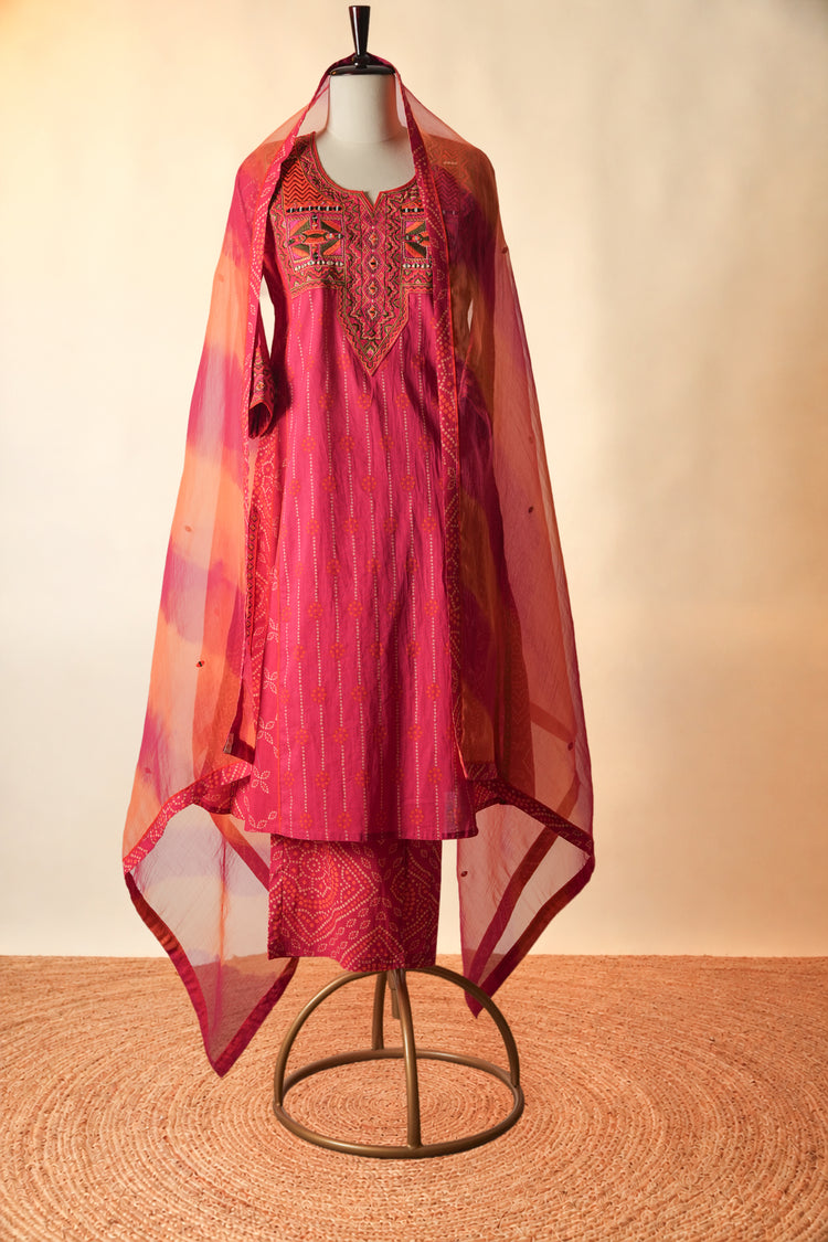 Tulsi Embroidered Printed Cotton Kurta Hot Pink