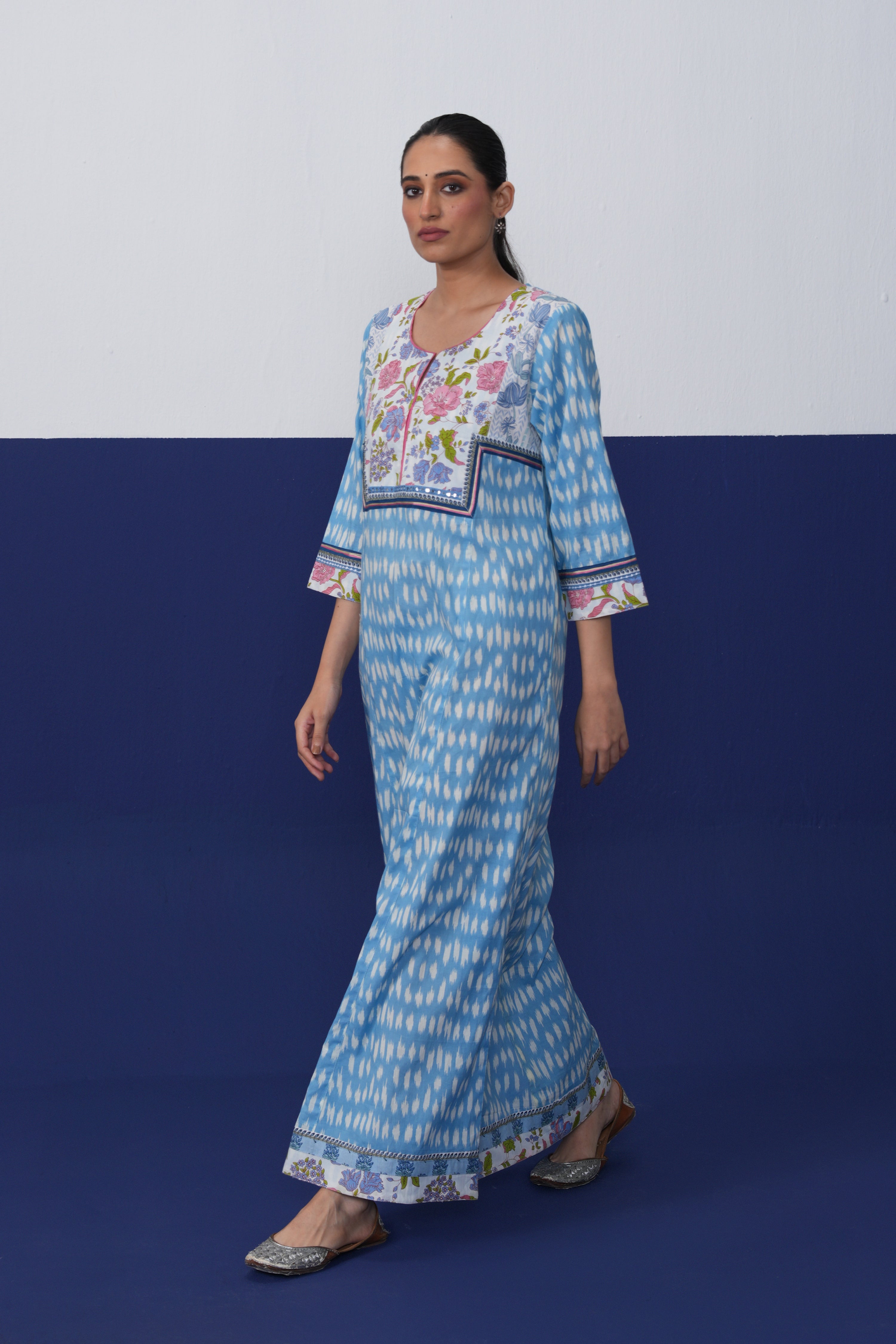 Rozana Cotton Printed Caftan Powder Blue