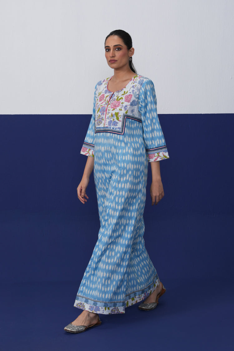 Rozana Cotton Printed Caftan Powder Blue