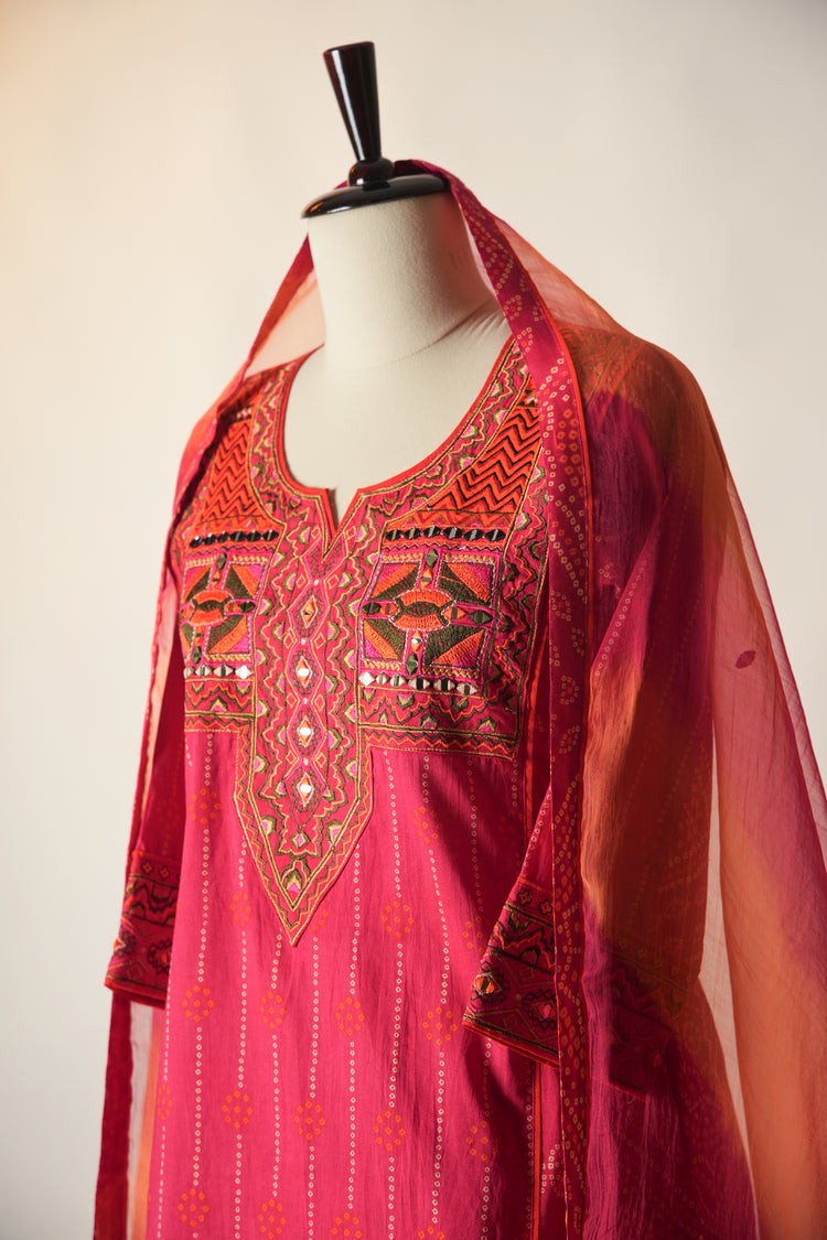 Tulsi Embroidered Printed Cotton Kurta Hot Pink
