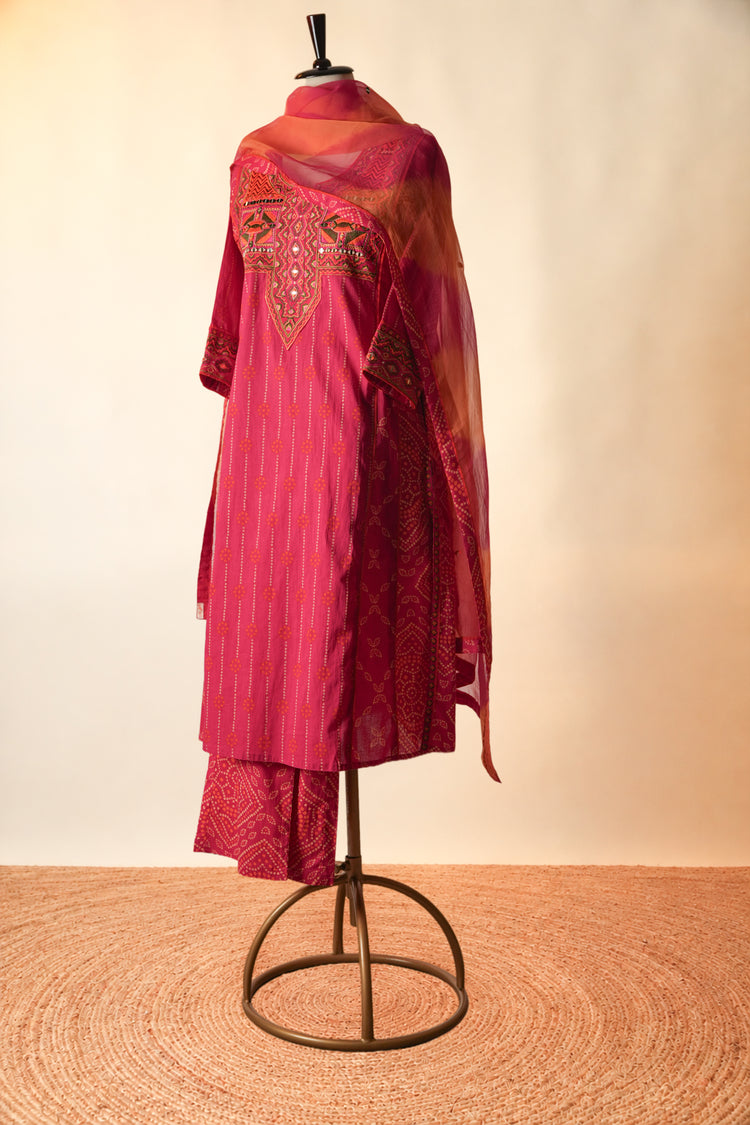 Tulsi Embroidered Printed Cotton Kurta Hot Pink