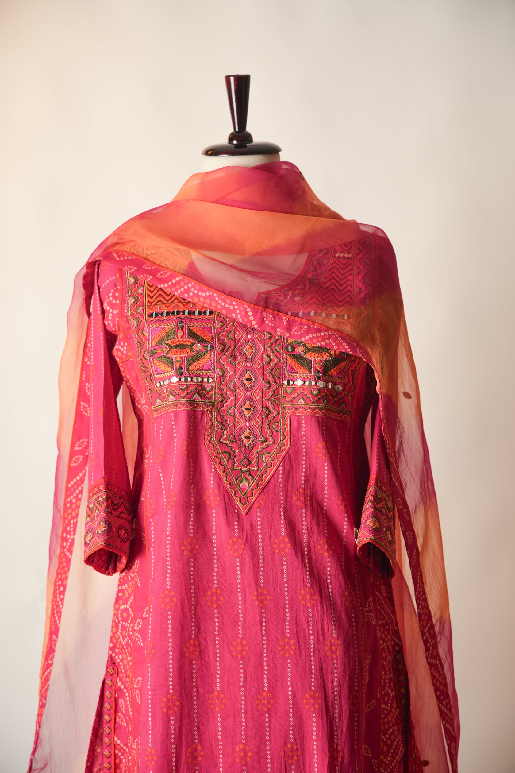 Medh Embroidered Treated Chiffon Dupatta Pink Orange