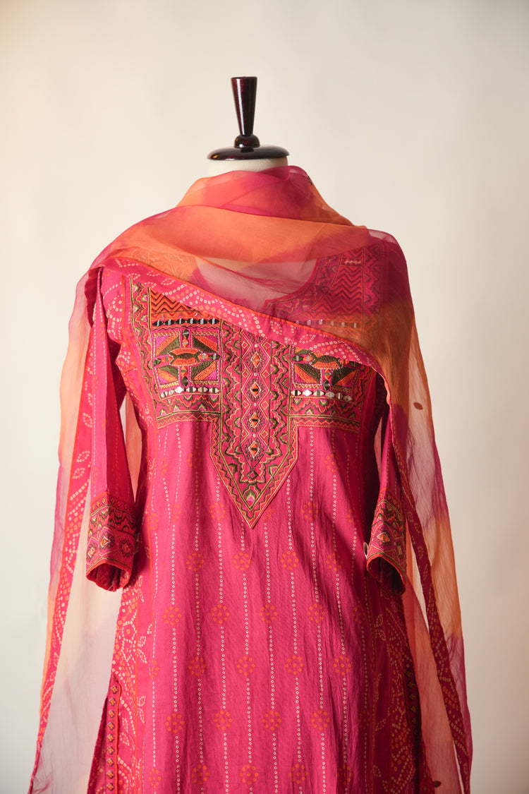 Tulsi Embroidered Printed Cotton Kurta Hot Pink