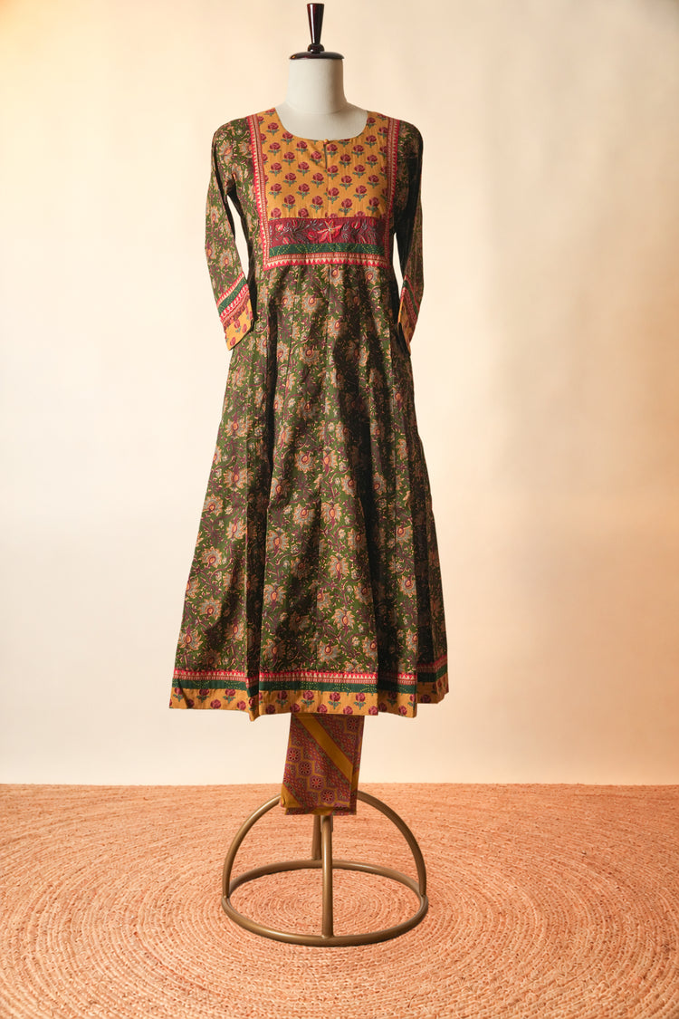 Cotton Printed Crinkled Anarkali Kurta Green
