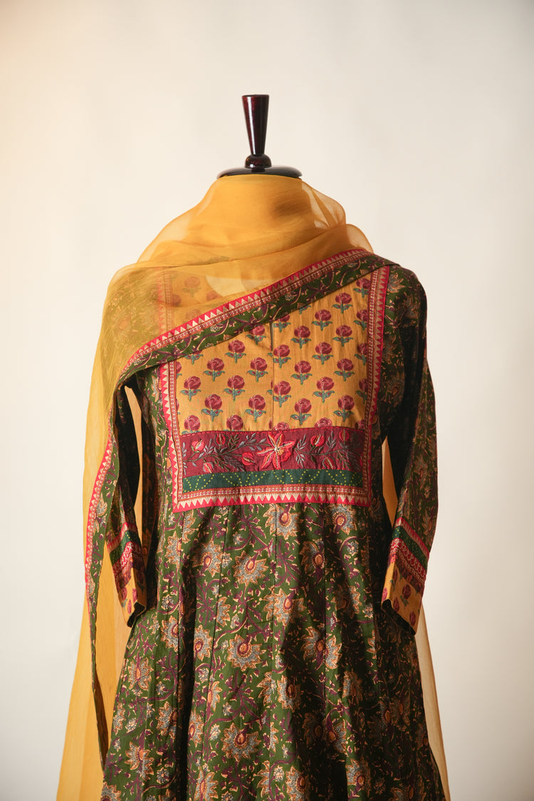 Cotton Printed Crinkled Anarkali Kurta Green