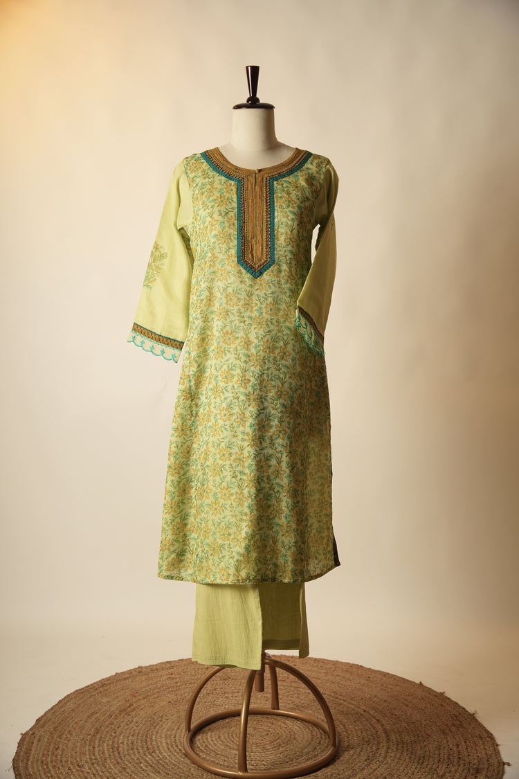 Rozana Hand Block Printed Kota Cotton Kurta Light Green