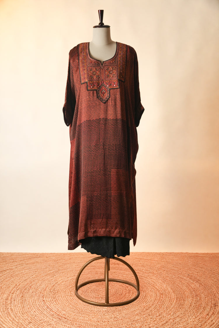 Medh Embroidered Modal Silk Kaftan Kurta Rust