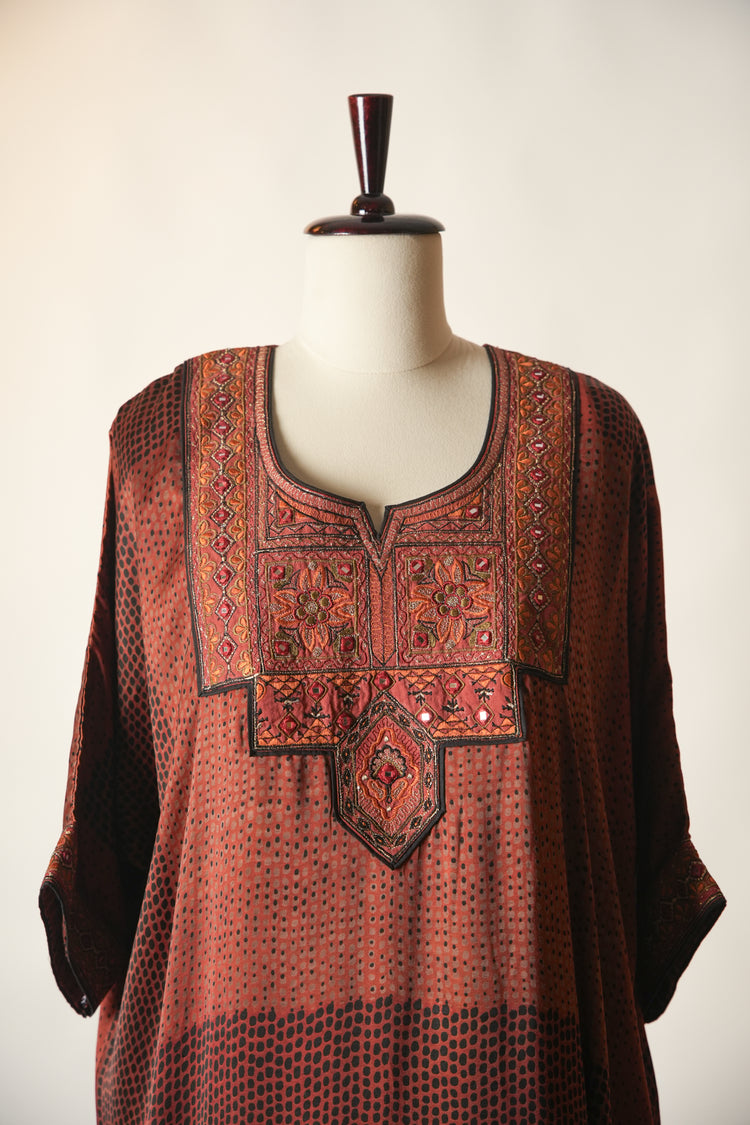 Medh Embroidered Modal Silk Kaftan Kurta Rust