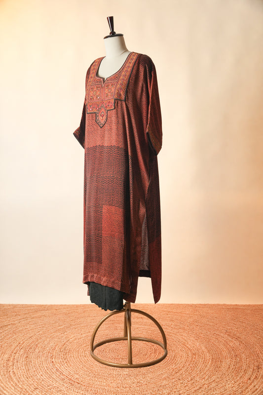 Medh Embroidered Modal Silk Kaftan Kurta Rust