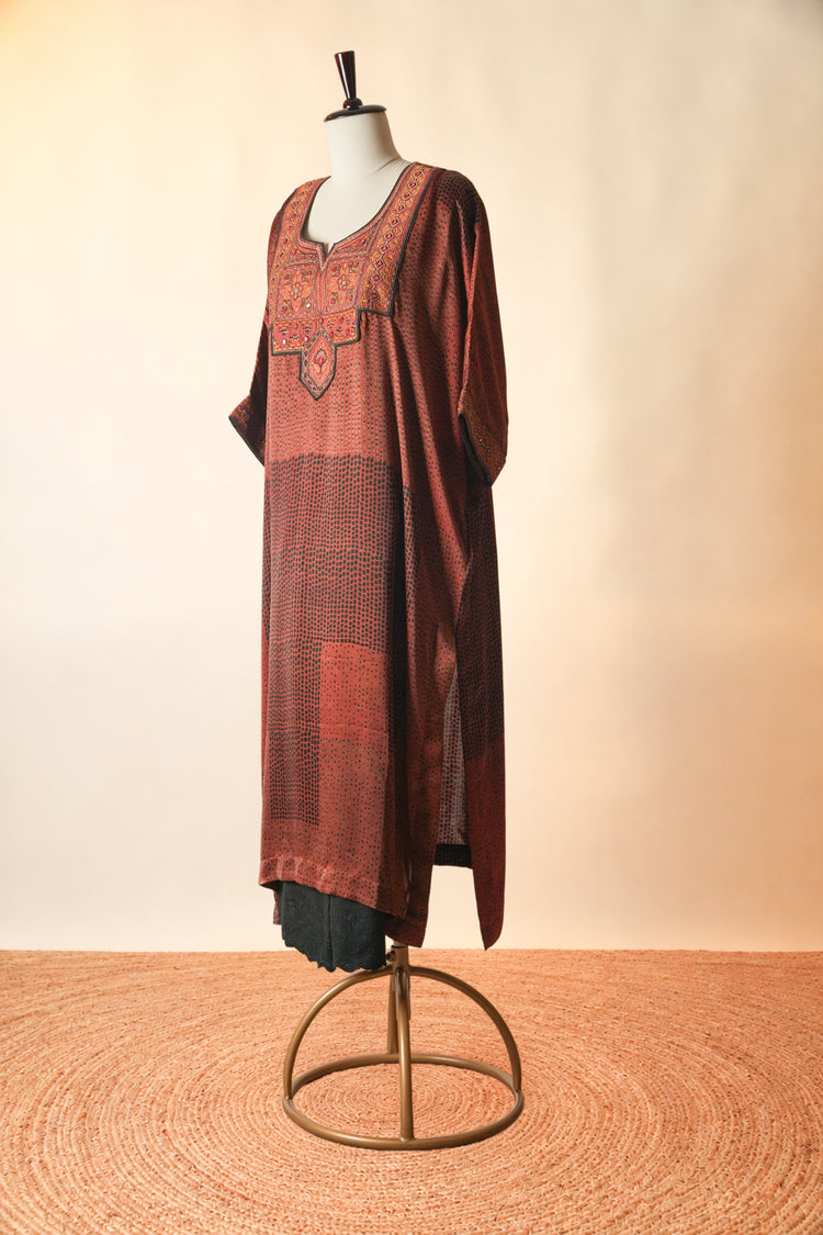 Medh Embroidered Modal Silk Kaftan Kurta Rust