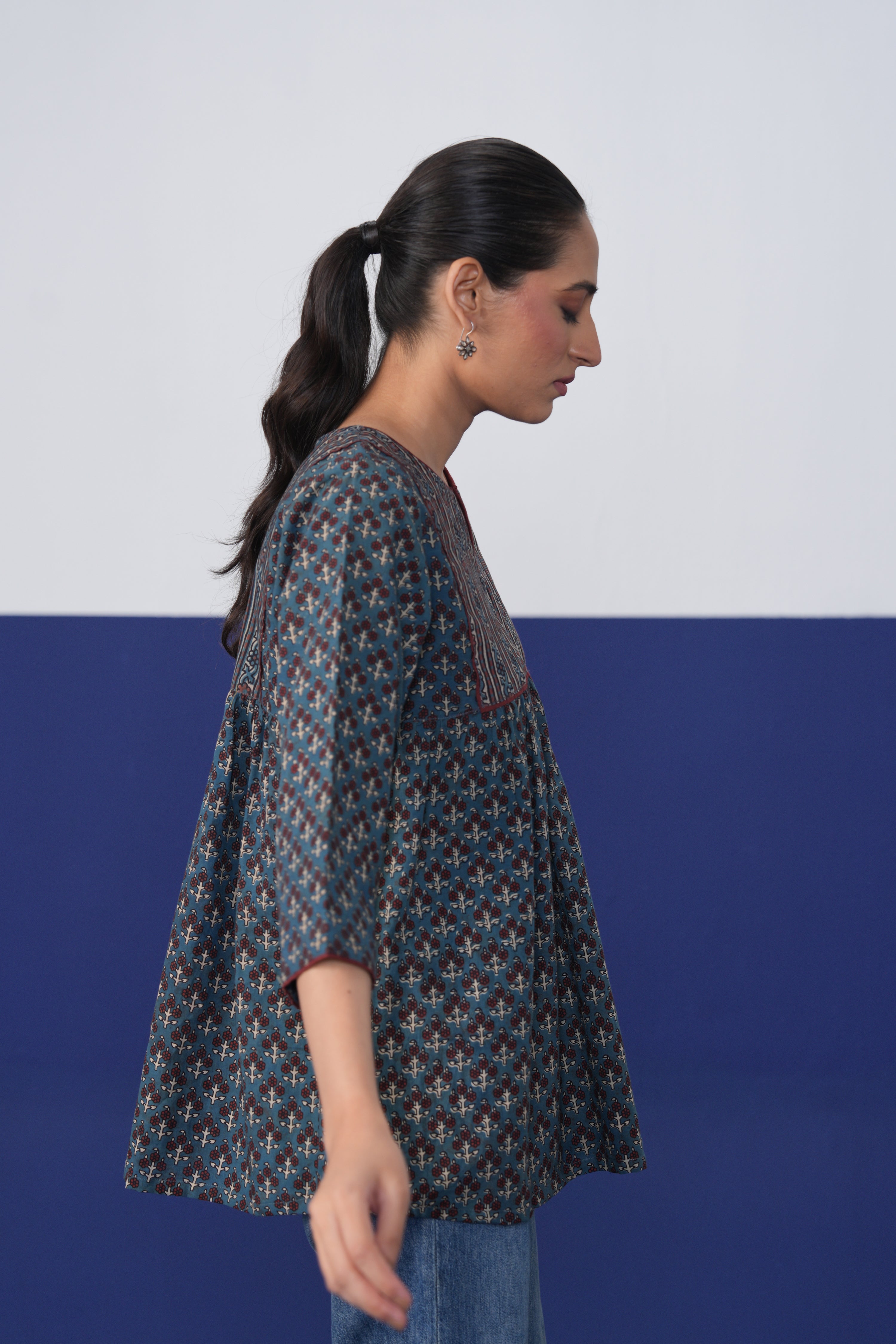 Chloe Hand-Block Printed Cotton Top Teal Blue