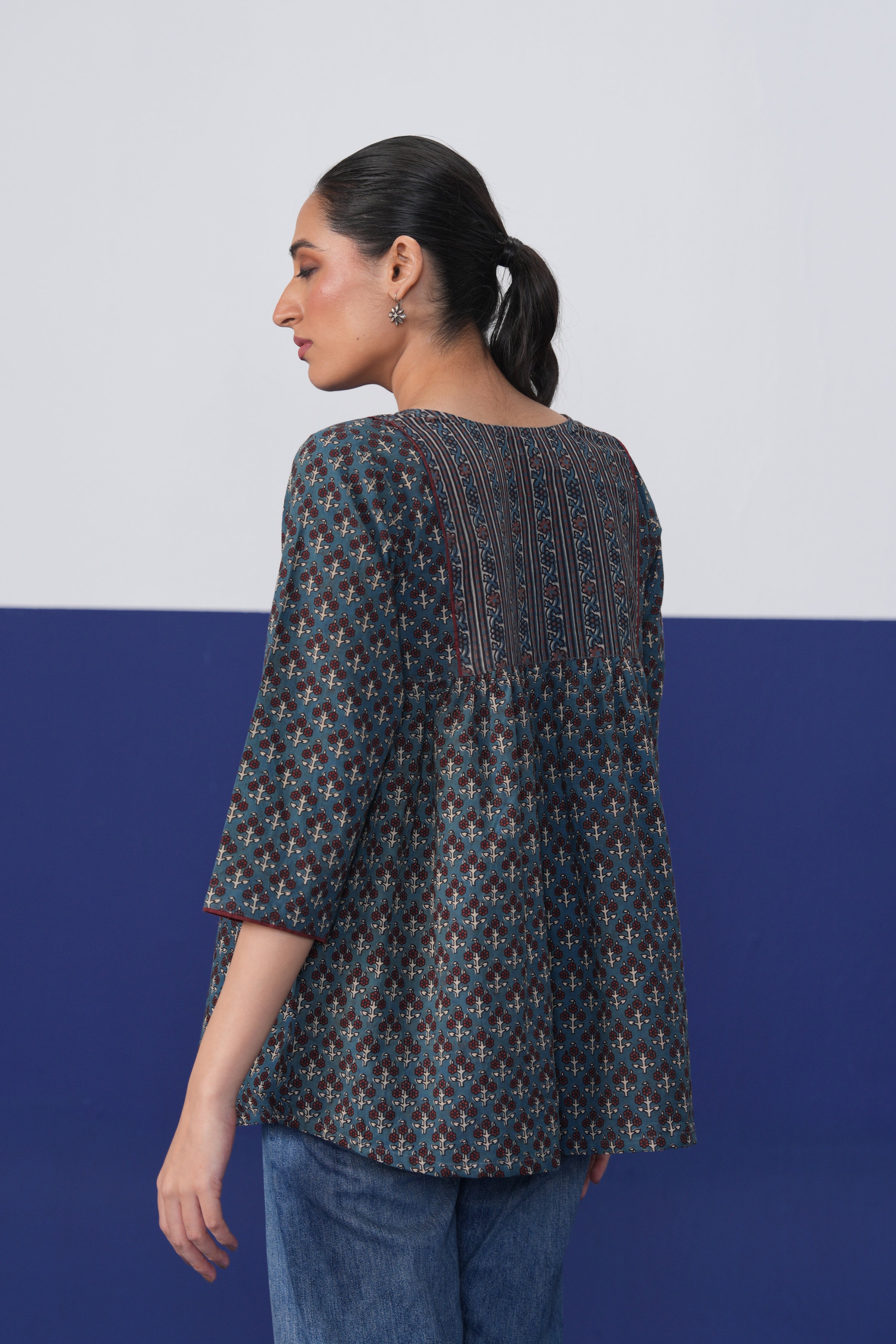 Chloe Hand-Block Printed Cotton Top Teal Blue