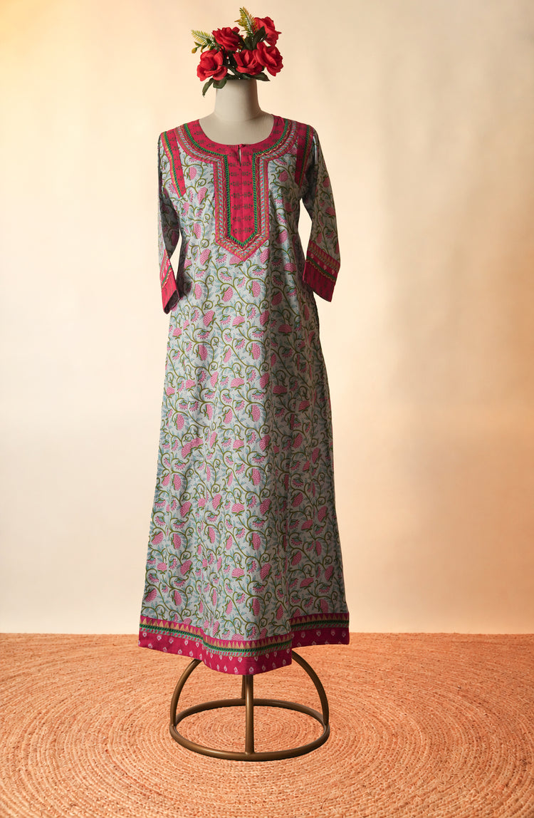Rozana Printed Cotton Caftan Green Pink