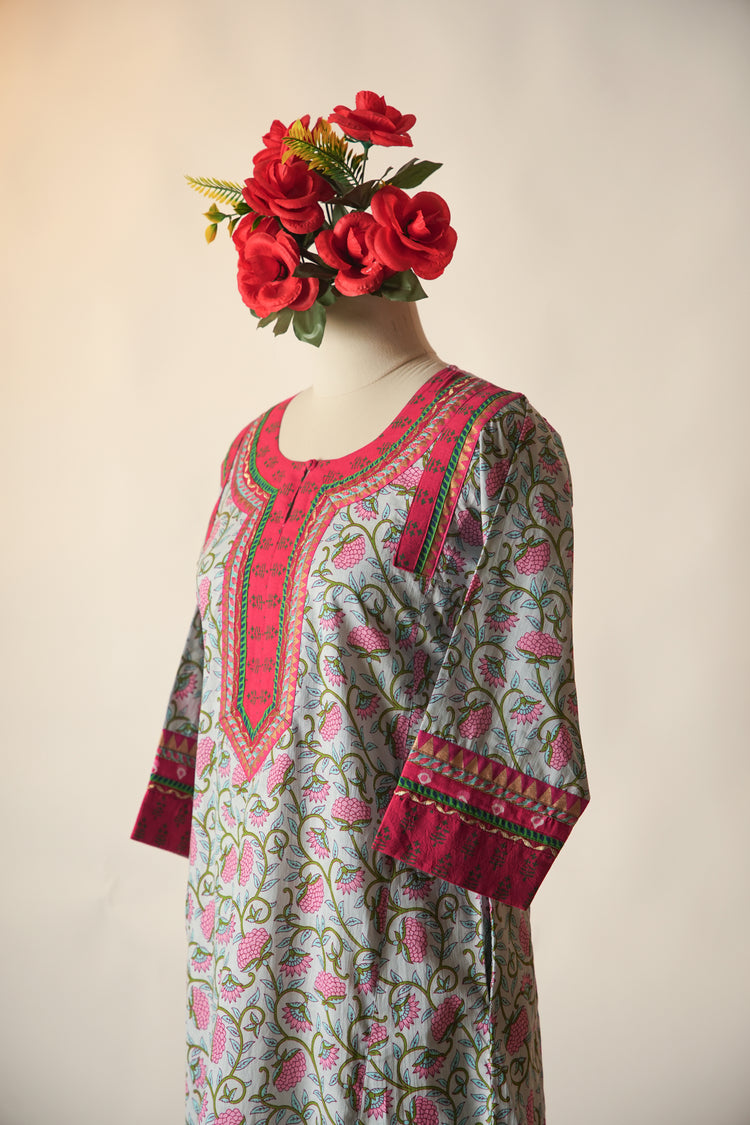 Rozana Printed Cotton Caftan Green Pink