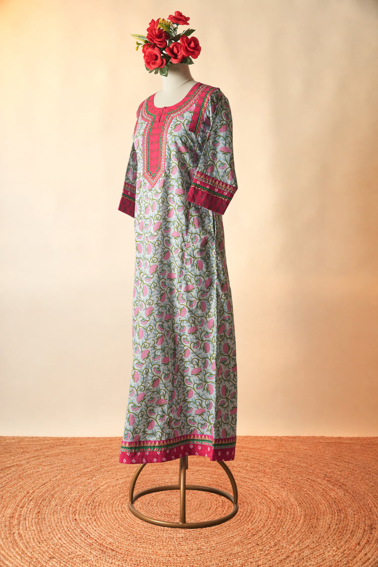 Rozana Printed Cotton Caftan Green Pink
