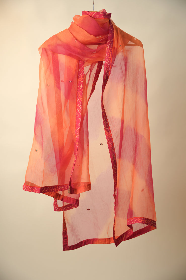 Medh Embroidered Treated Chiffon Dupatta Pink Orange