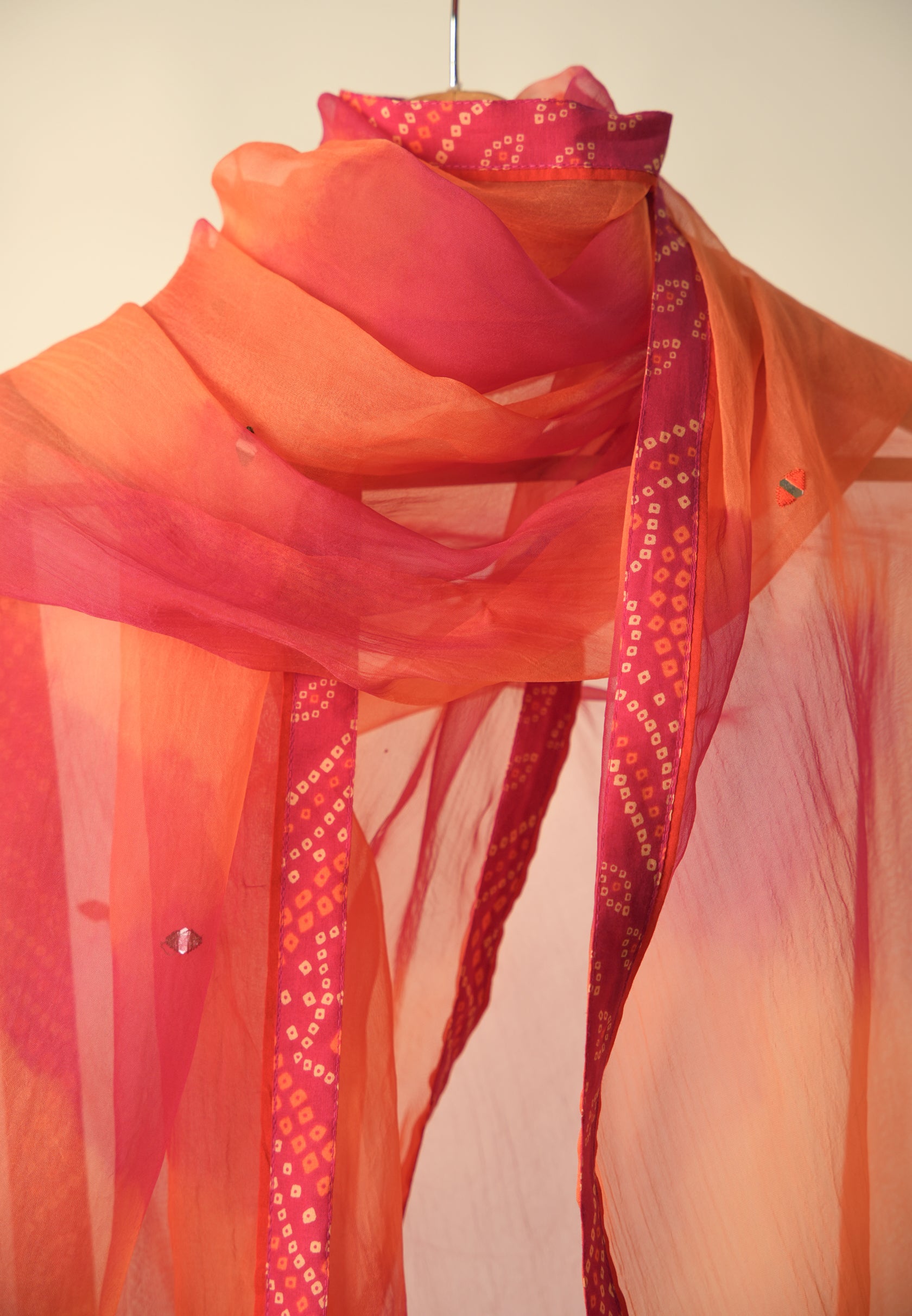 Medh Embroidered Treated Chiffon Dupatta Pink Orange