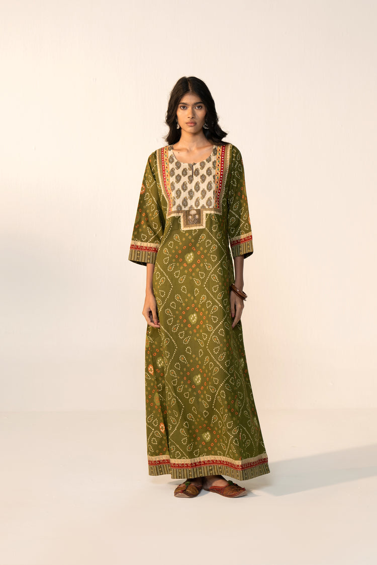 Rozana Cotton Printed Caftan Olive Green
