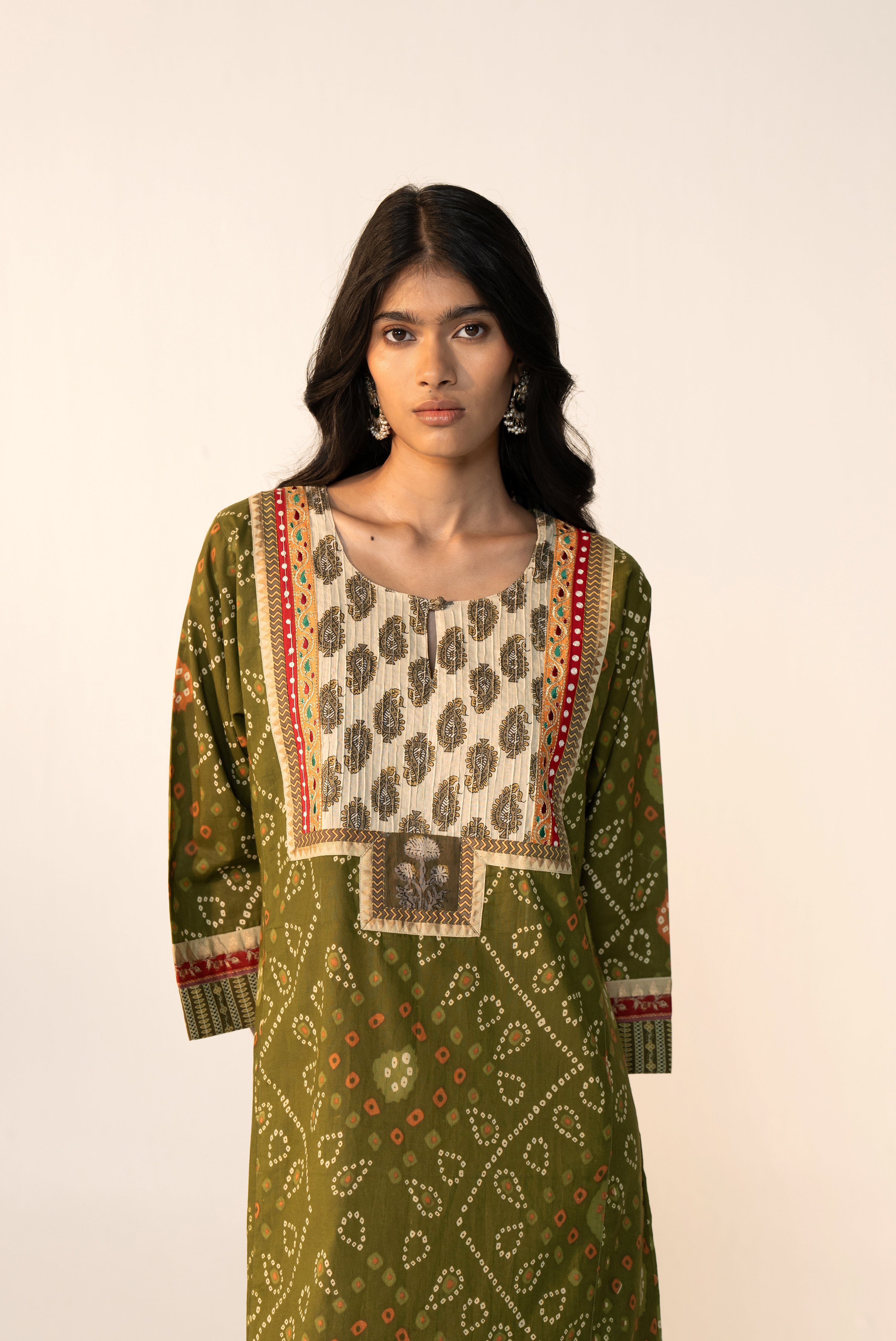 Rozana Cotton Printed Caftan Olive Green