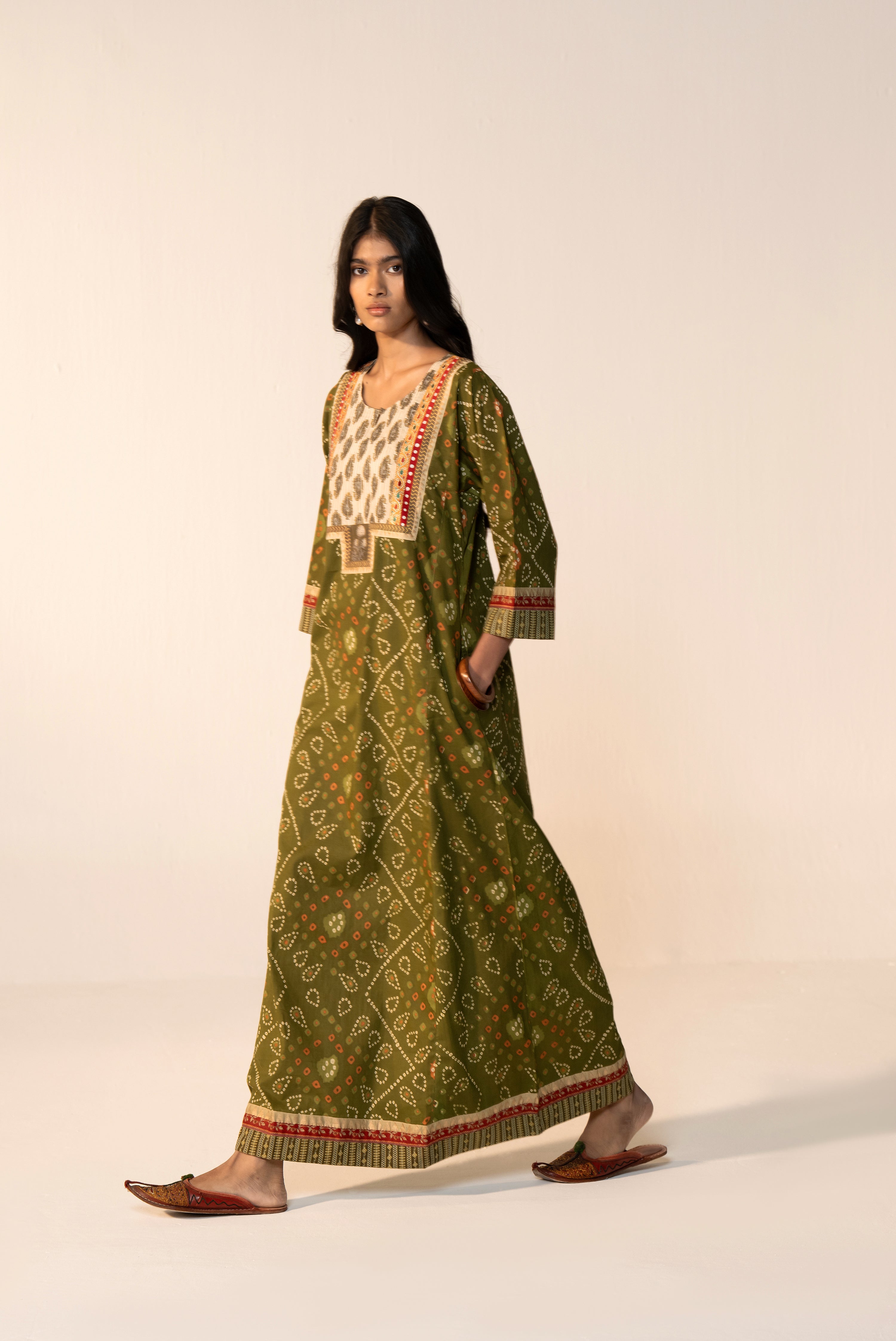 Rozana Cotton Printed Caftan Olive Green