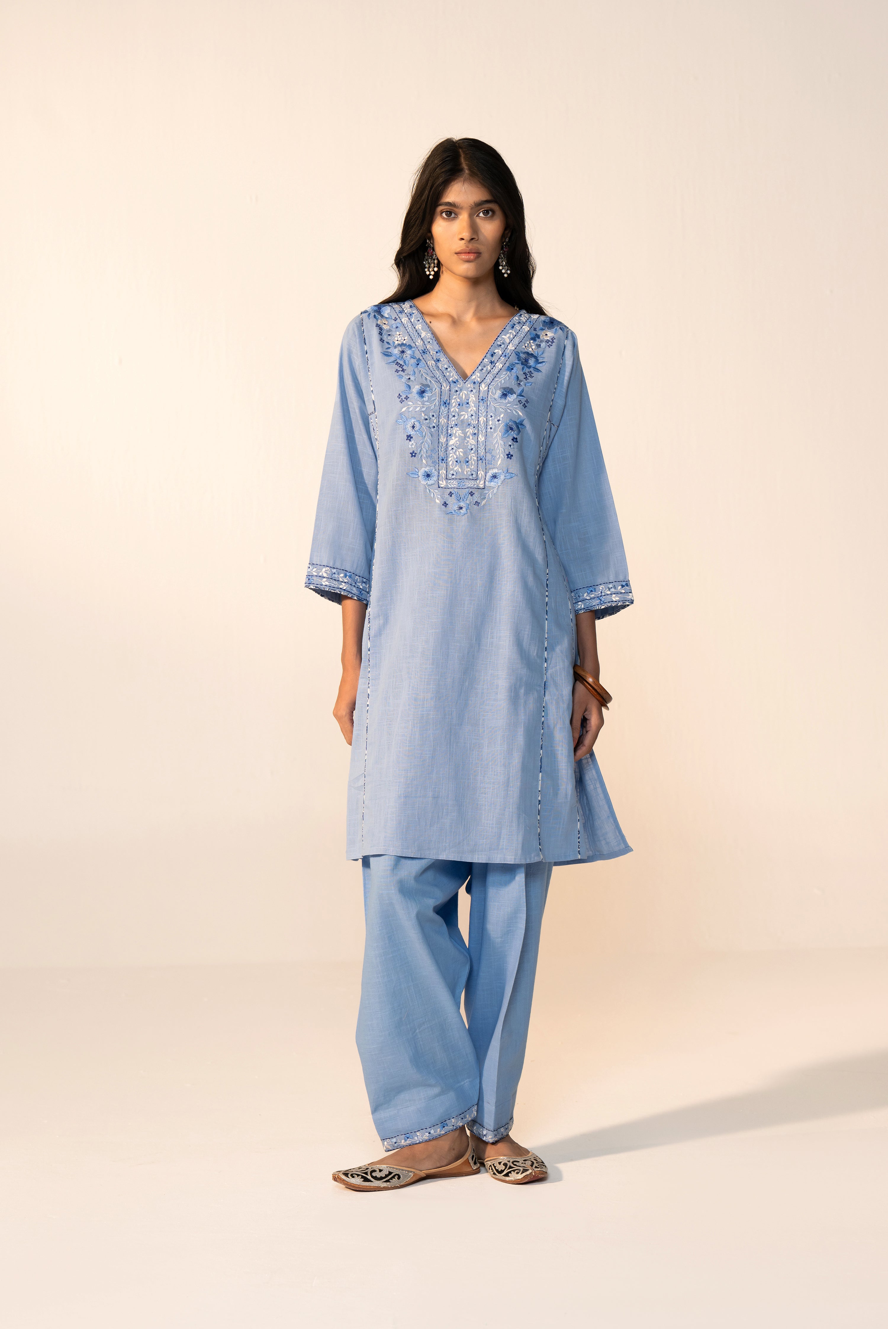 Tulsi Cotton Slub Embroidered Co-ord Set Sky Blue