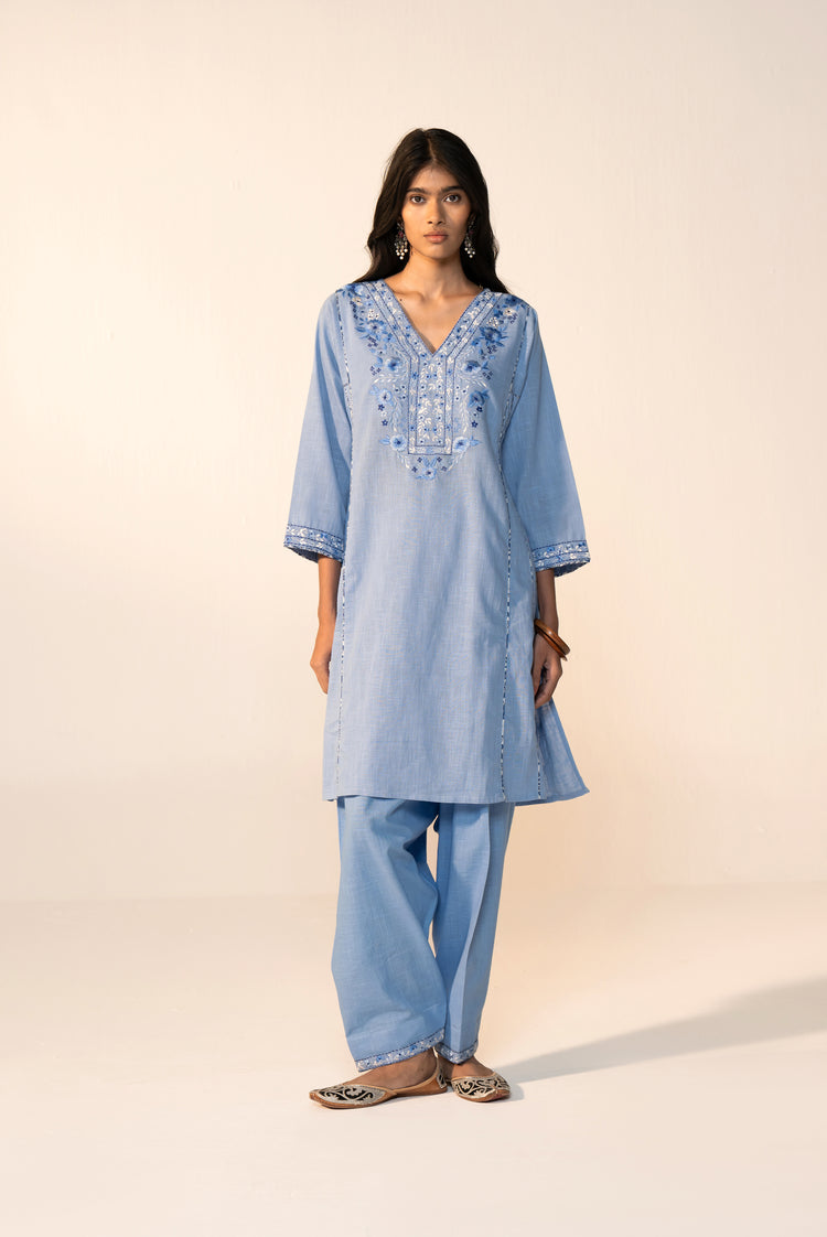 Tulsi Cotton Slub Embroidered Co-ord Set Sky Blue