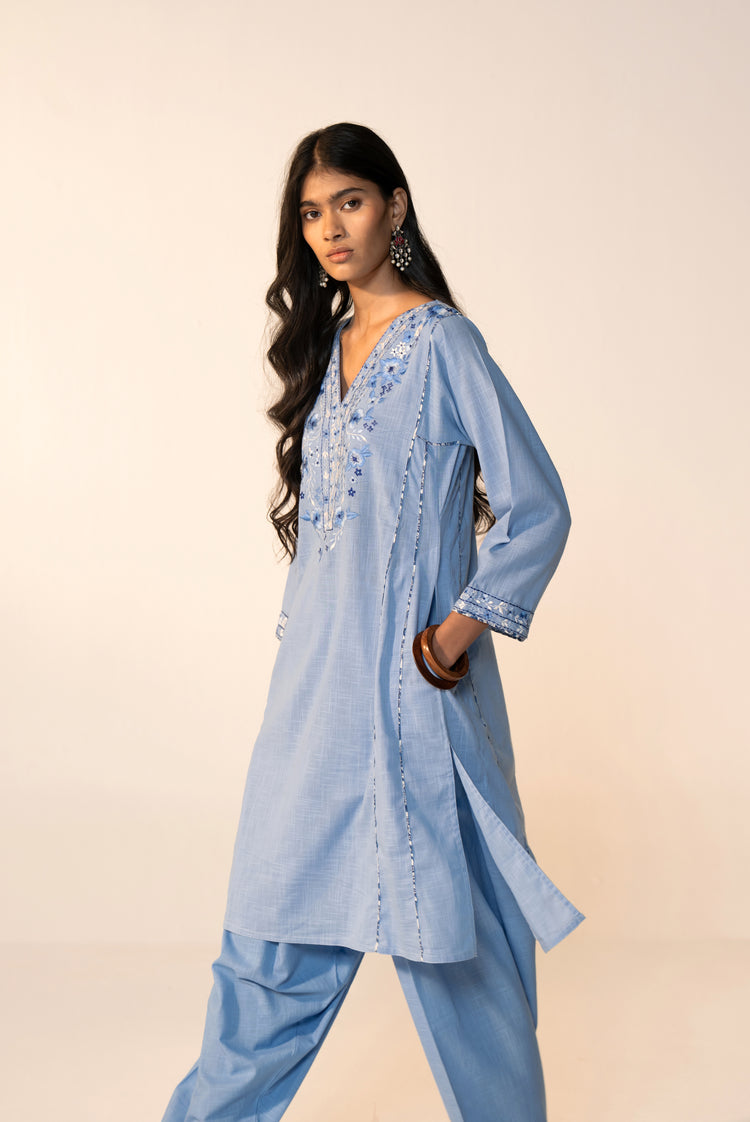 Tulsi Cotton Slub Embroidered Co-ord Set Sky Blue