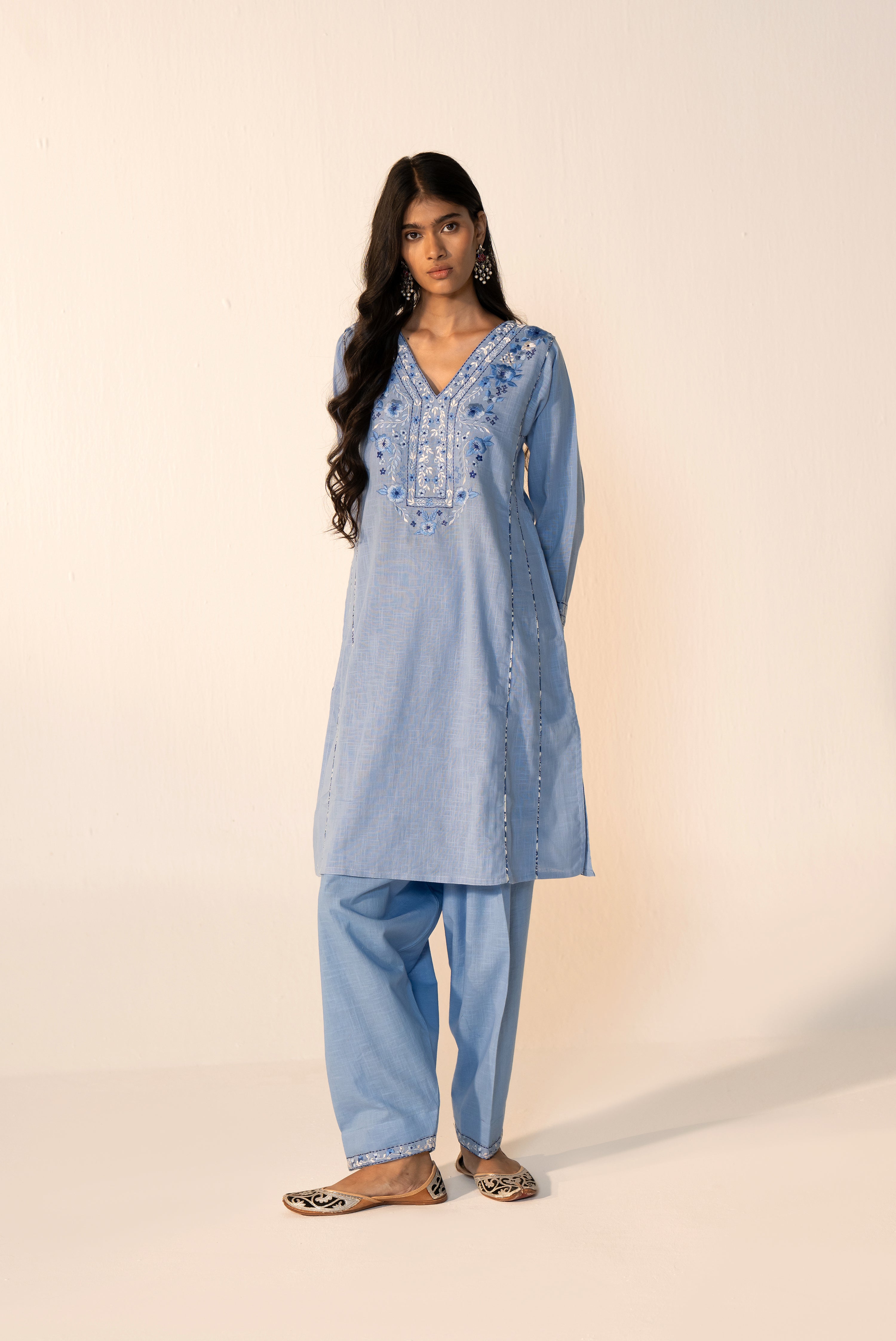 Tulsi Cotton Slub Embroidered Co-ord Set Sky Blue