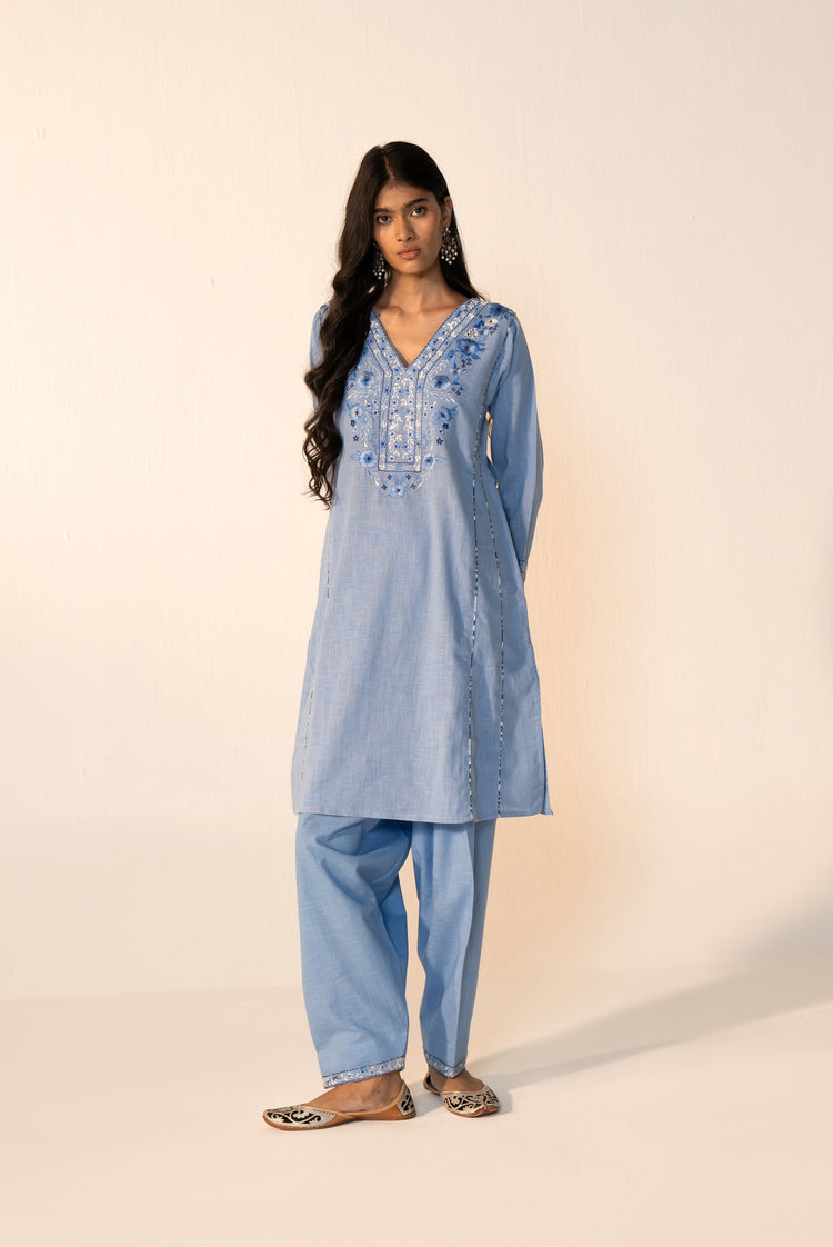 Tulsi Cotton Slub Embroidered Co-ord Set Sky Blue