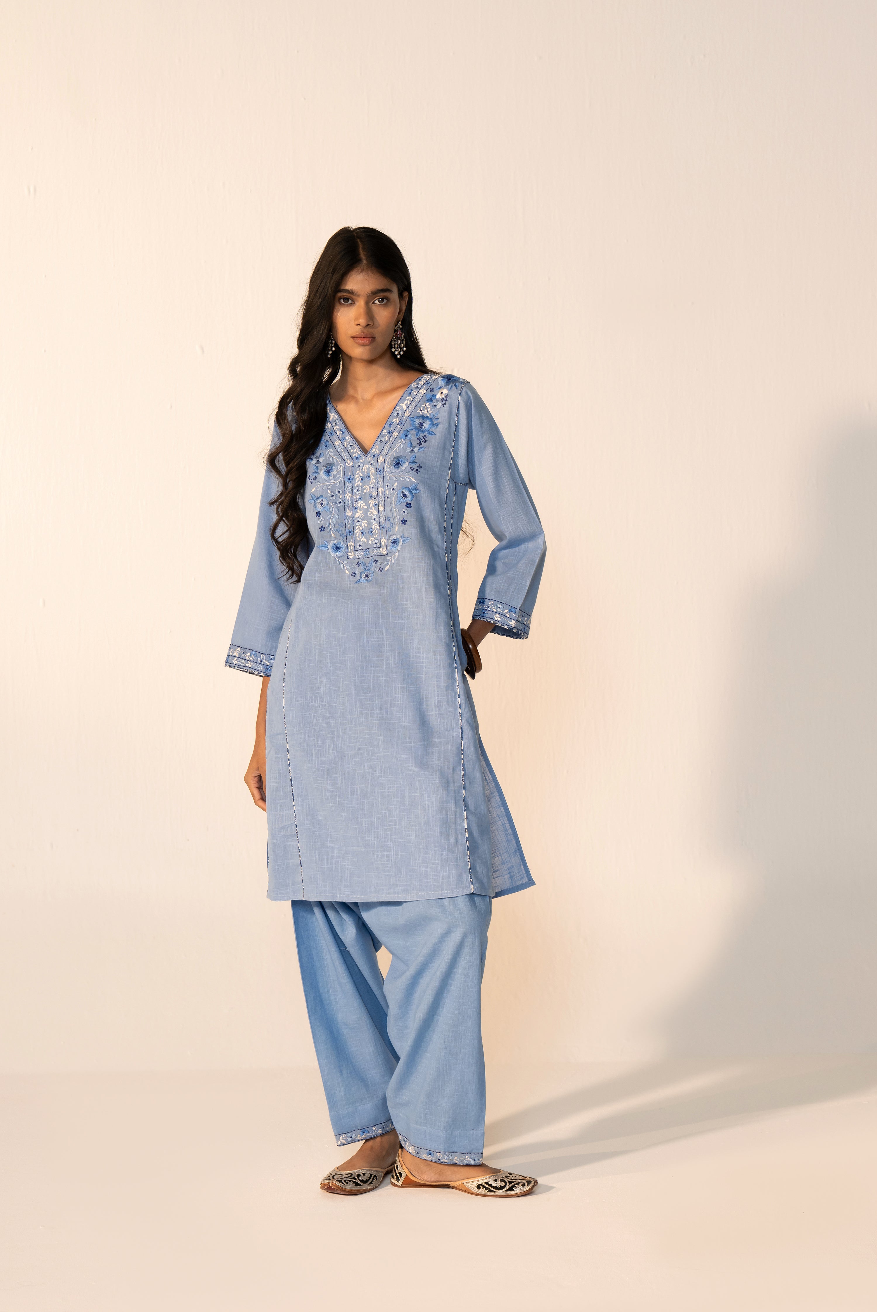 Tulsi Cotton Slub Embroidered Co-ord Set Sky Blue