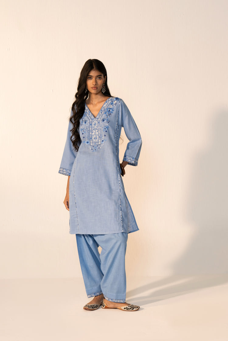 Tulsi Cotton Slub Embroidered Co-ord Set Sky Blue