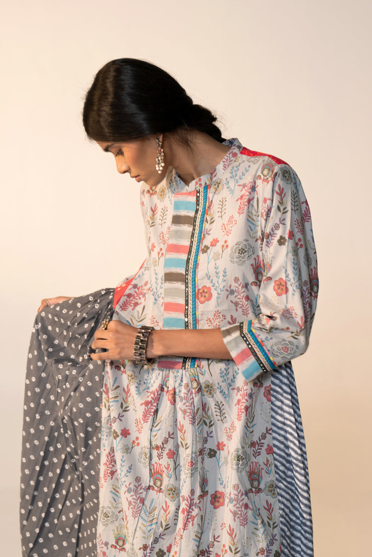 Mavi Cotton Printed Kurta Grey (Set Of 3)