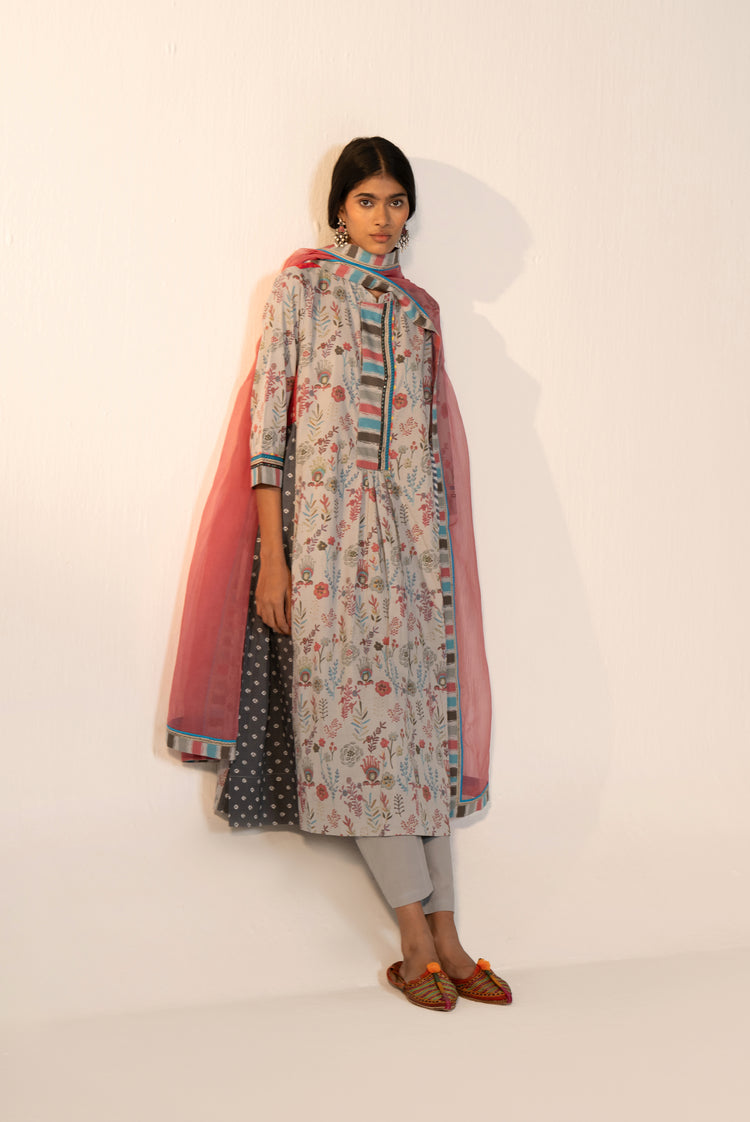 Mavi Cotton Printed Kurta Grey (Set Of 3)
