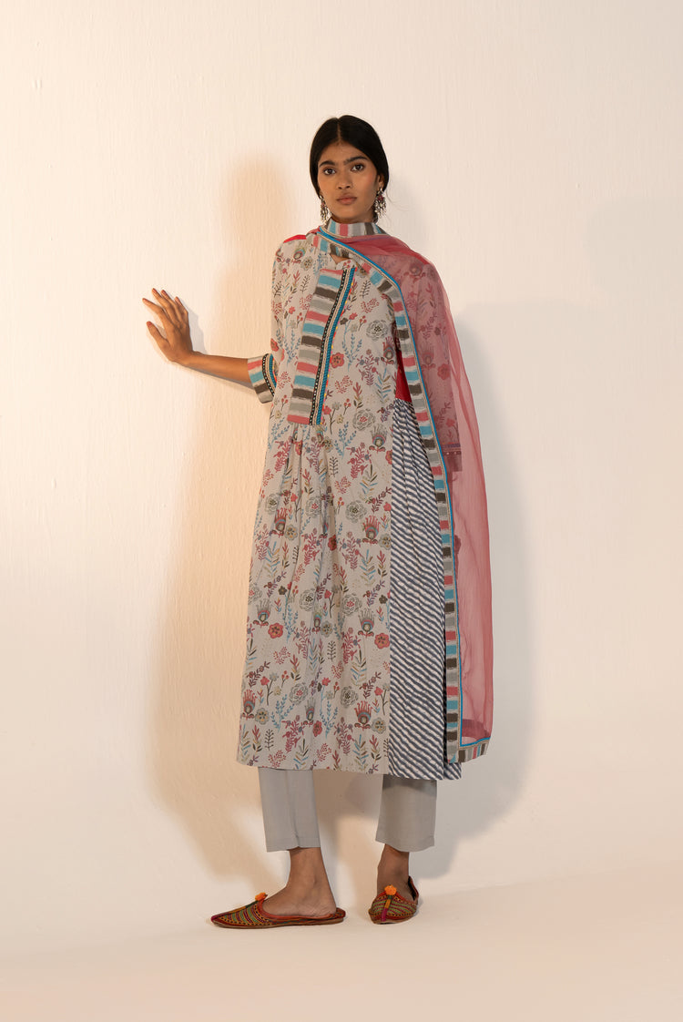 Mavi Cotton Printed Kurta Grey (Set Of 3)