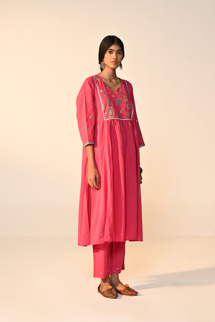 Dreamy Cotton Solid Embroidered Kurta Hot Pink (Set Of 3)