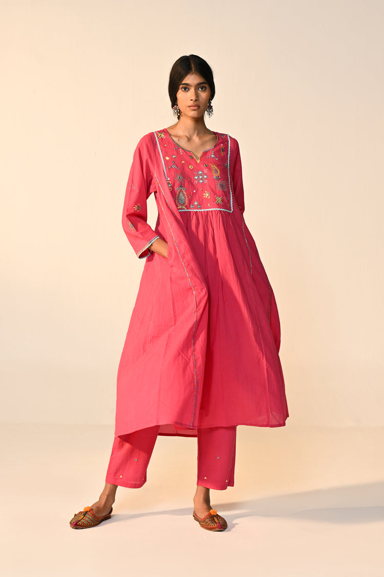Dreamy Cotton Solid Embroidered Kurta Hot Pink (Set Of 3)