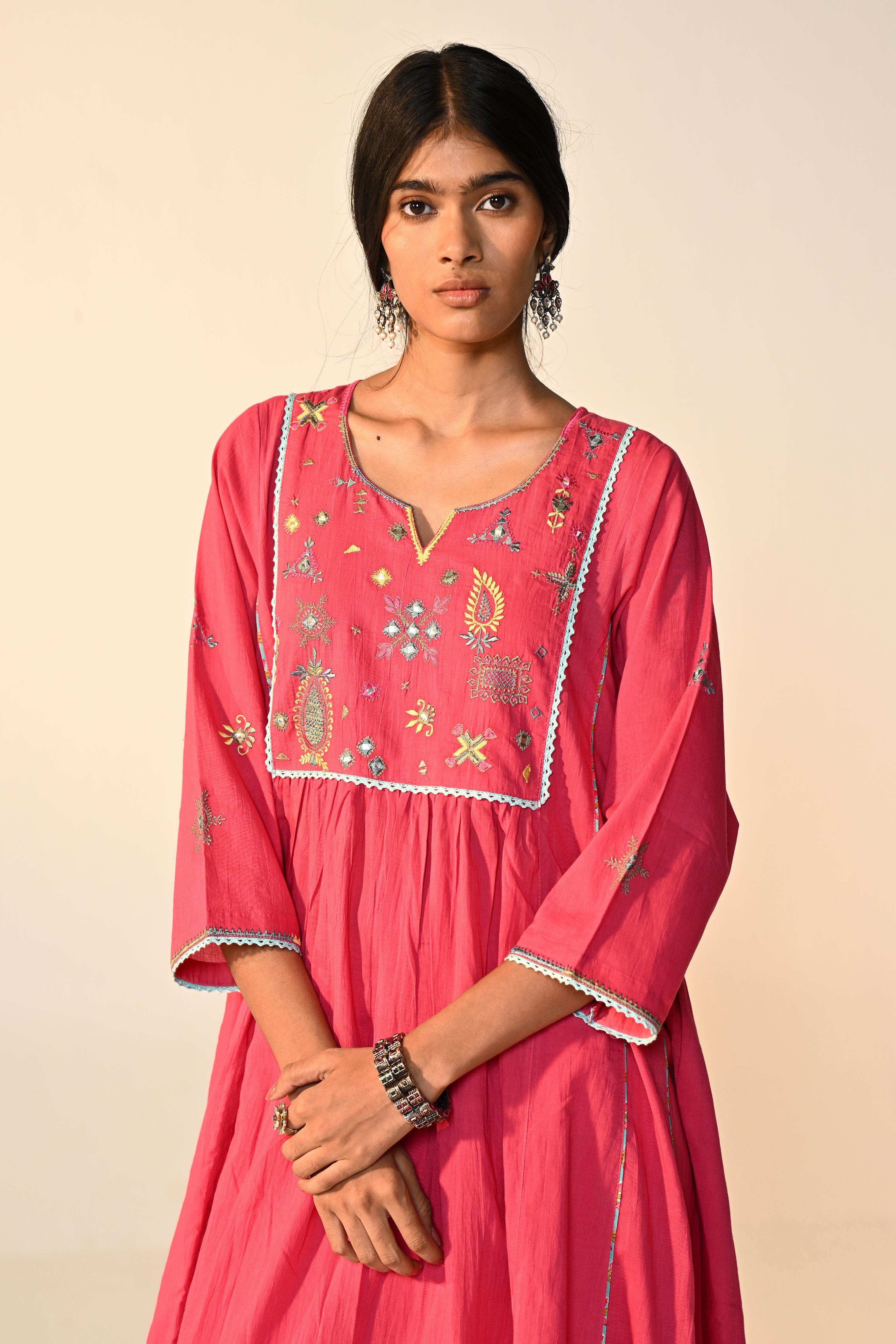 Dreamy Cotton Solid Embroidered Kurta Hot Pink (Set Of 3)