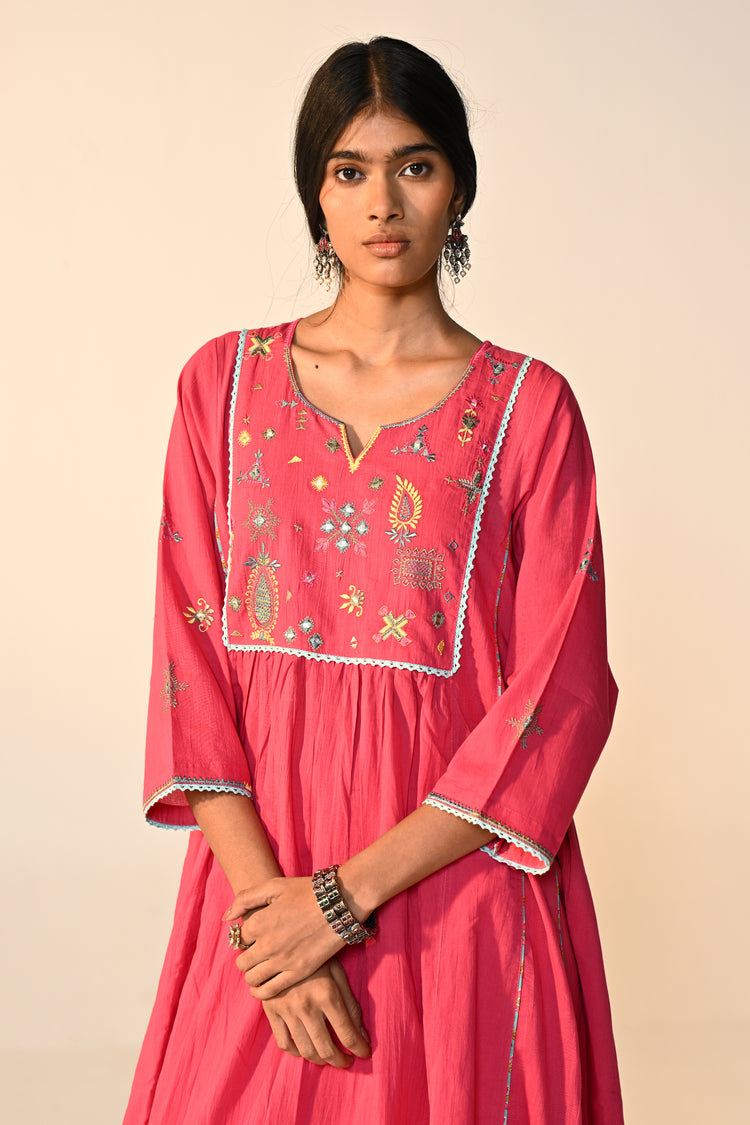 Dreamy Cotton Solid Embroidered Kurta Hot Pink (Set Of 3)