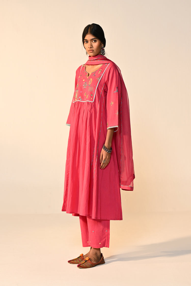 Dreamy Cotton Solid Embroidered Kurta Hot Pink (Set Of 3)